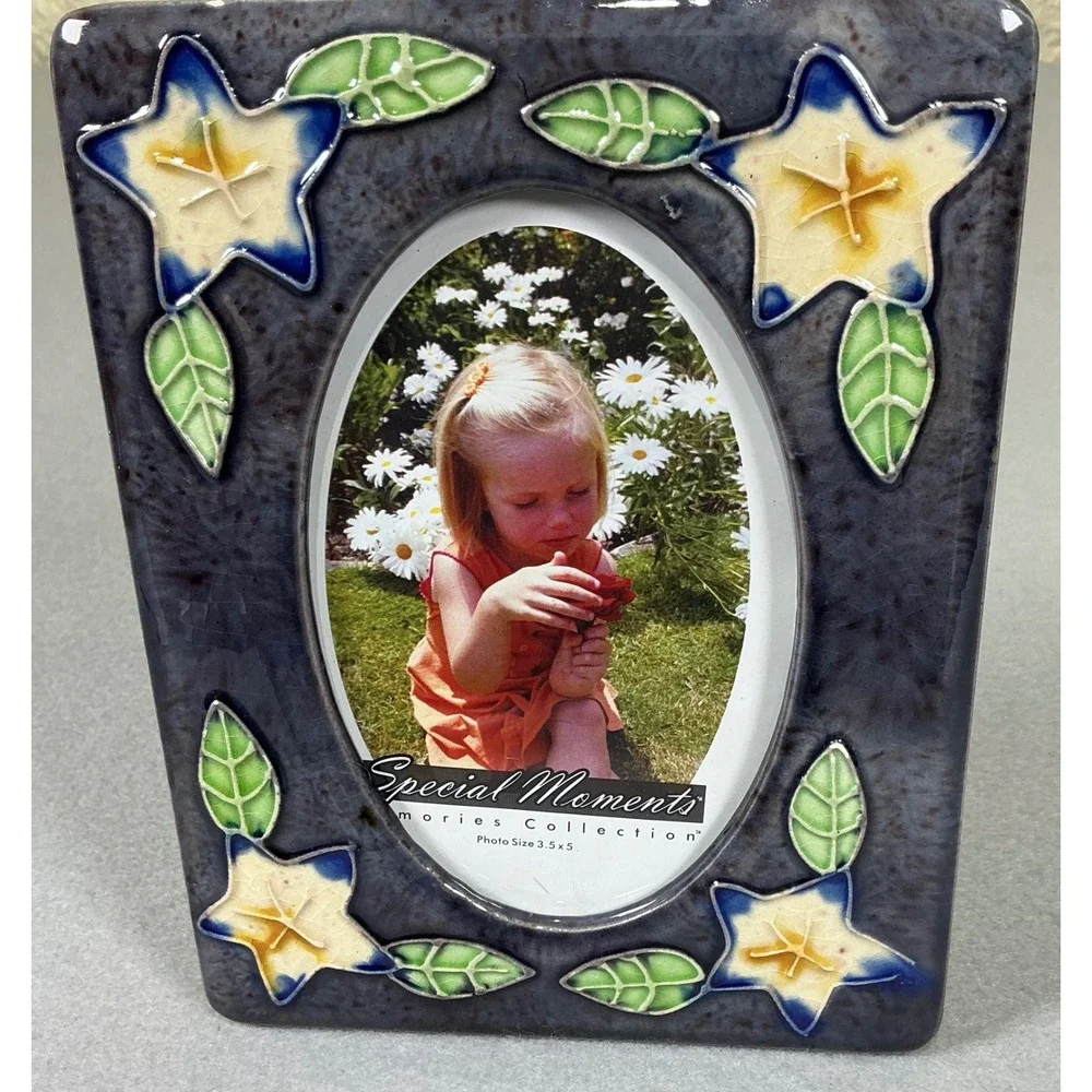 Floral Ceramic Picture‎ Frame 3.5x5 Ivy Leaf Blue White Decorative